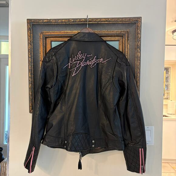 Harley Davidson Pink Label Swarovski Crystal Leather Biker Jacket Womens M - Picture 5 of 17